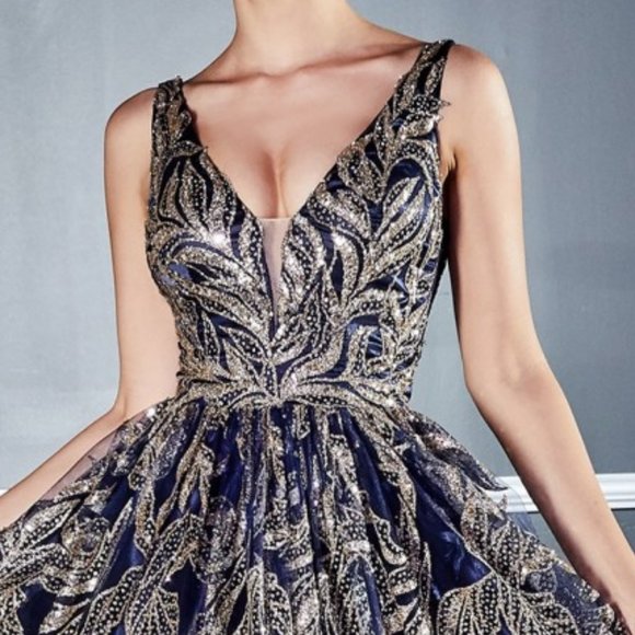 NEW LONG SLEEVELESS A-LINE EMBROIDERED GLITTER GOWN WITH AND ZIPPER BACK CD J812 - Picture 4 of 8